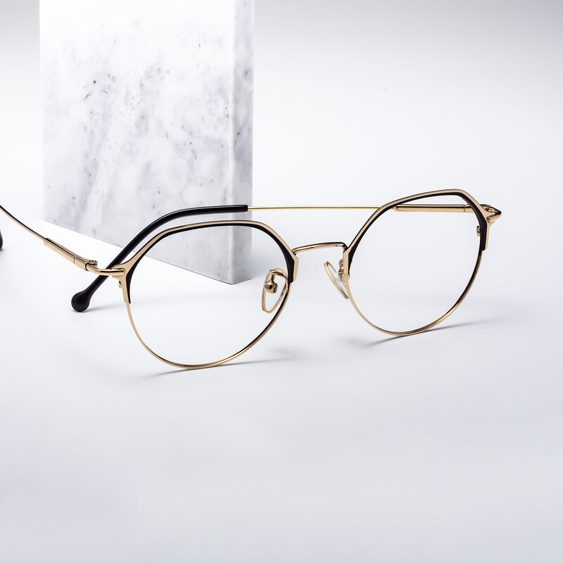 Black / Gold Browline Titanium Geometric Eyeglasses - 18014