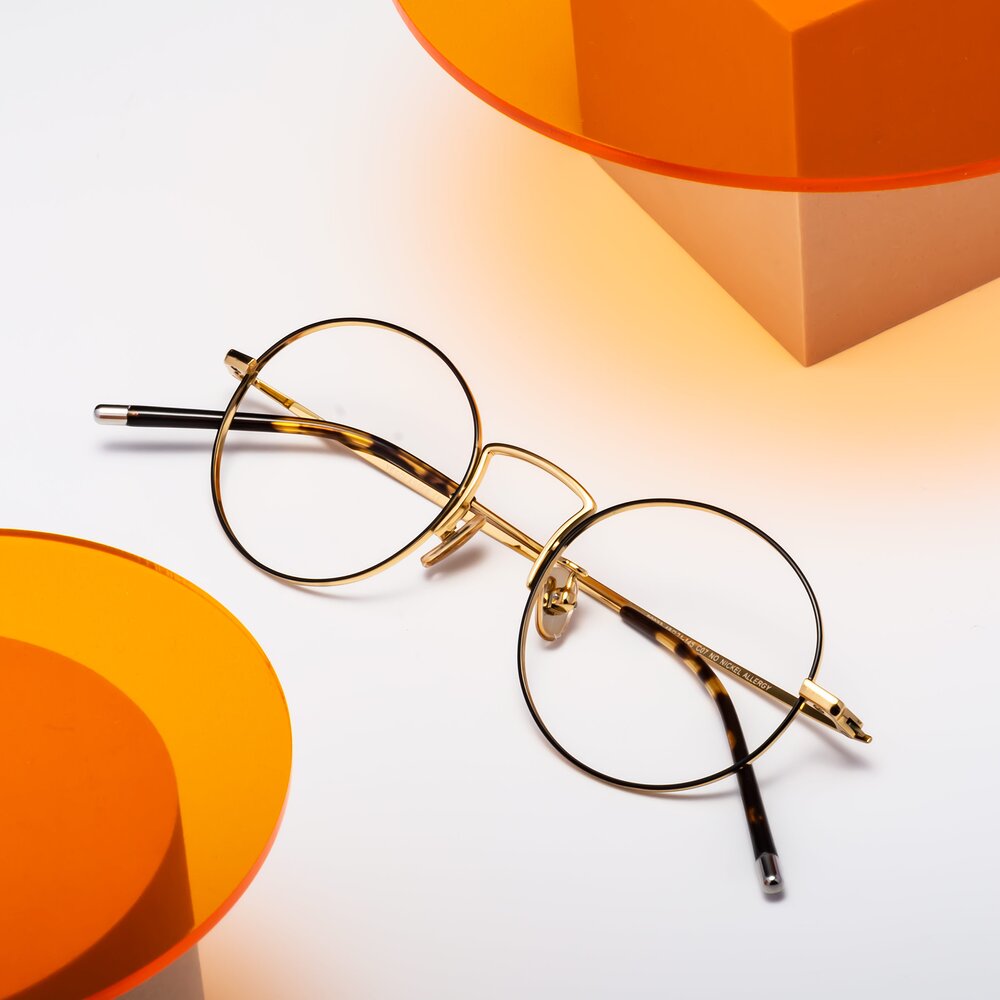 Black-Gold Retro-Vintage Titanium Round Eyeglasses