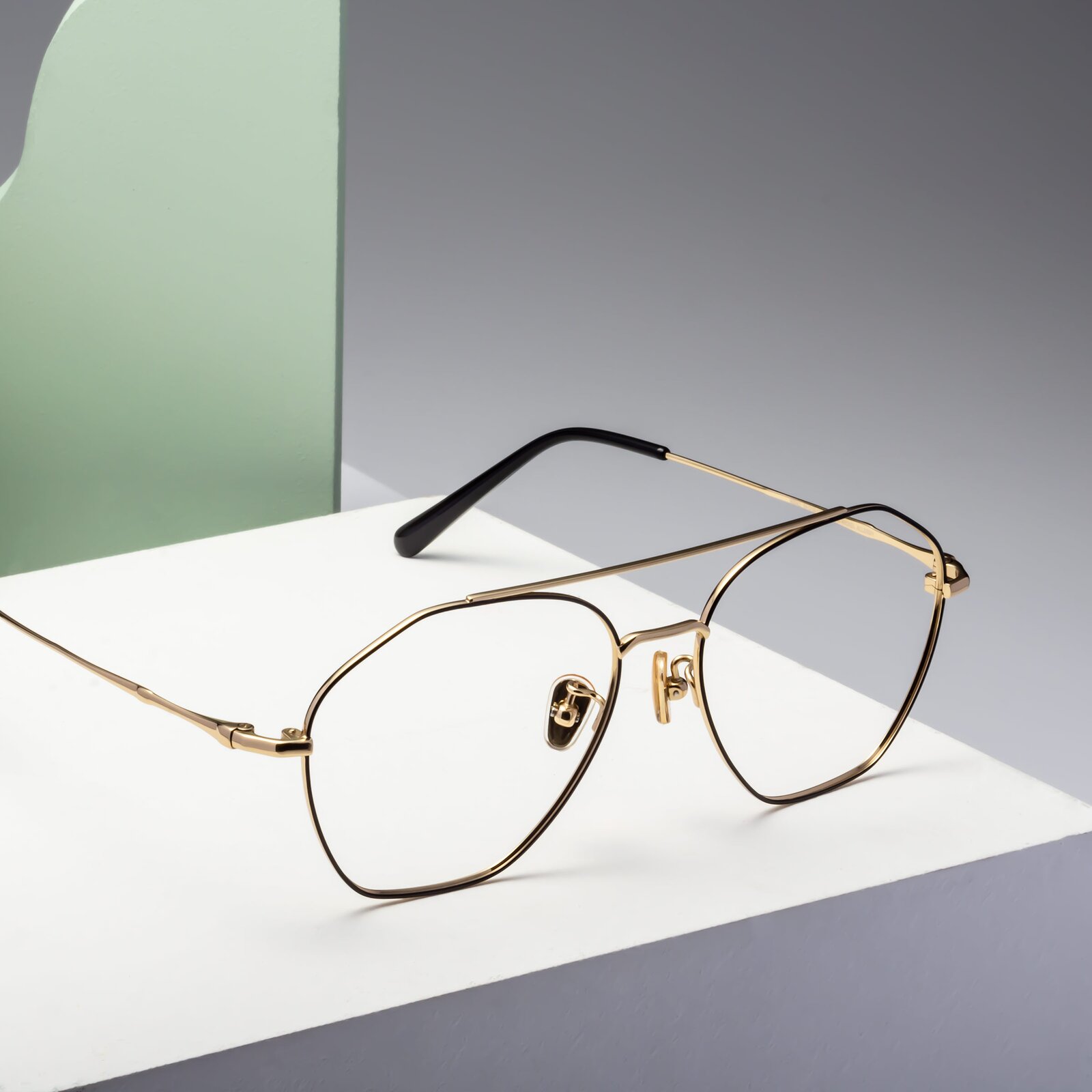 Black-Gold Titanium Geometric Aviator Eyeglasses - 90042