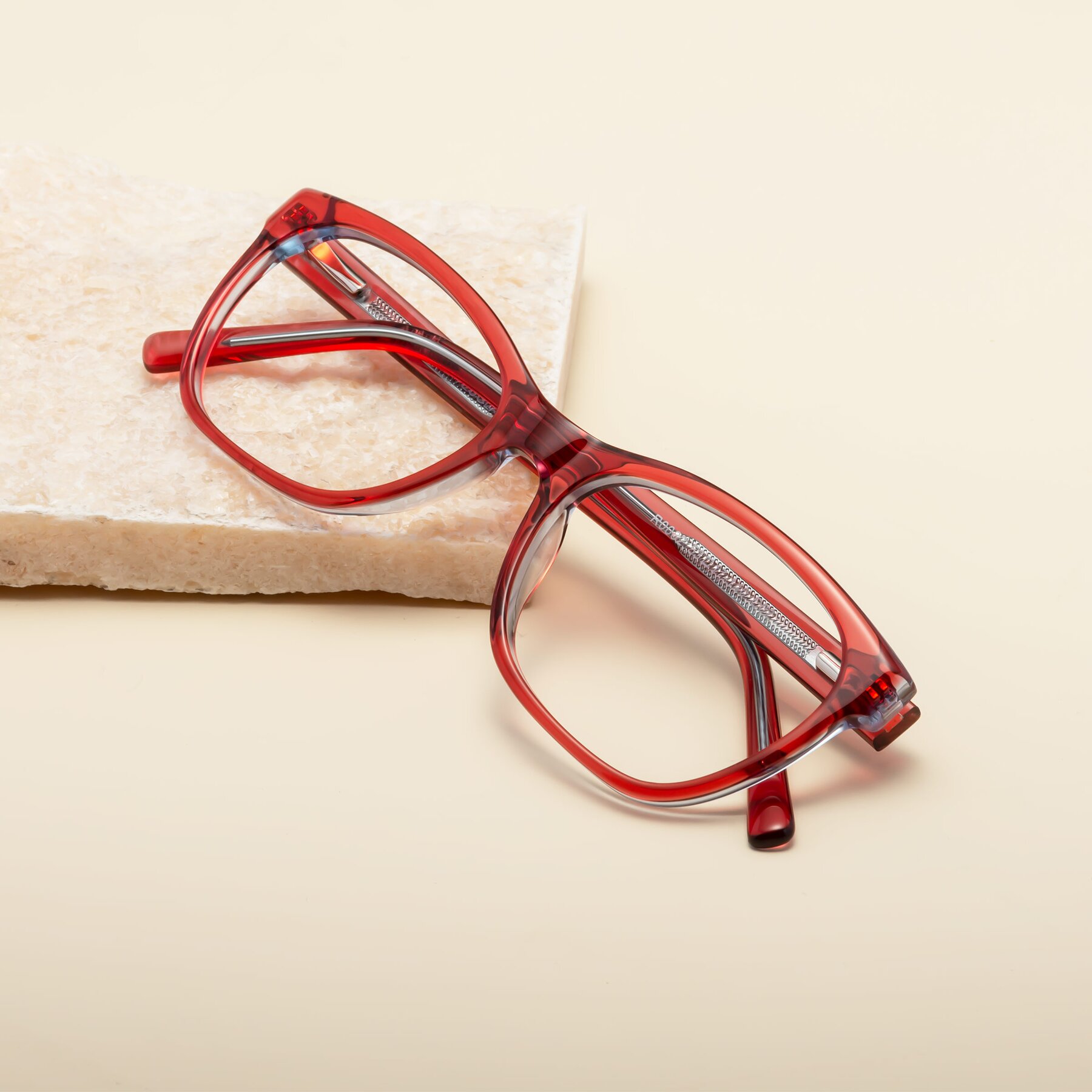 Women's lifestyle photography #1 of Peli in Red with Clear Reading Eyeglass Lenses