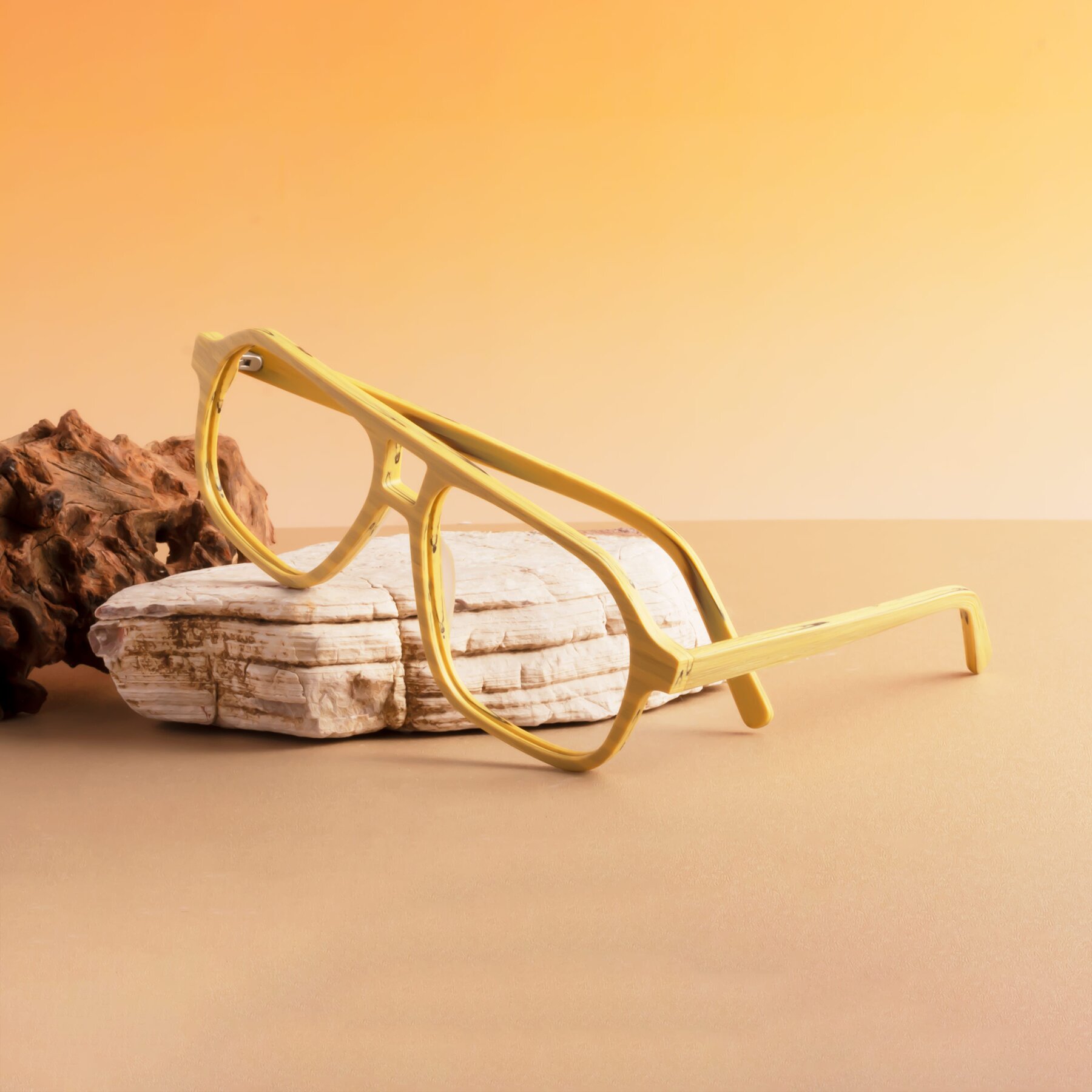 Lifestyle photography #2 of Edwood in Egg Yolk Woodgrain with Clear Eyeglass Lenses