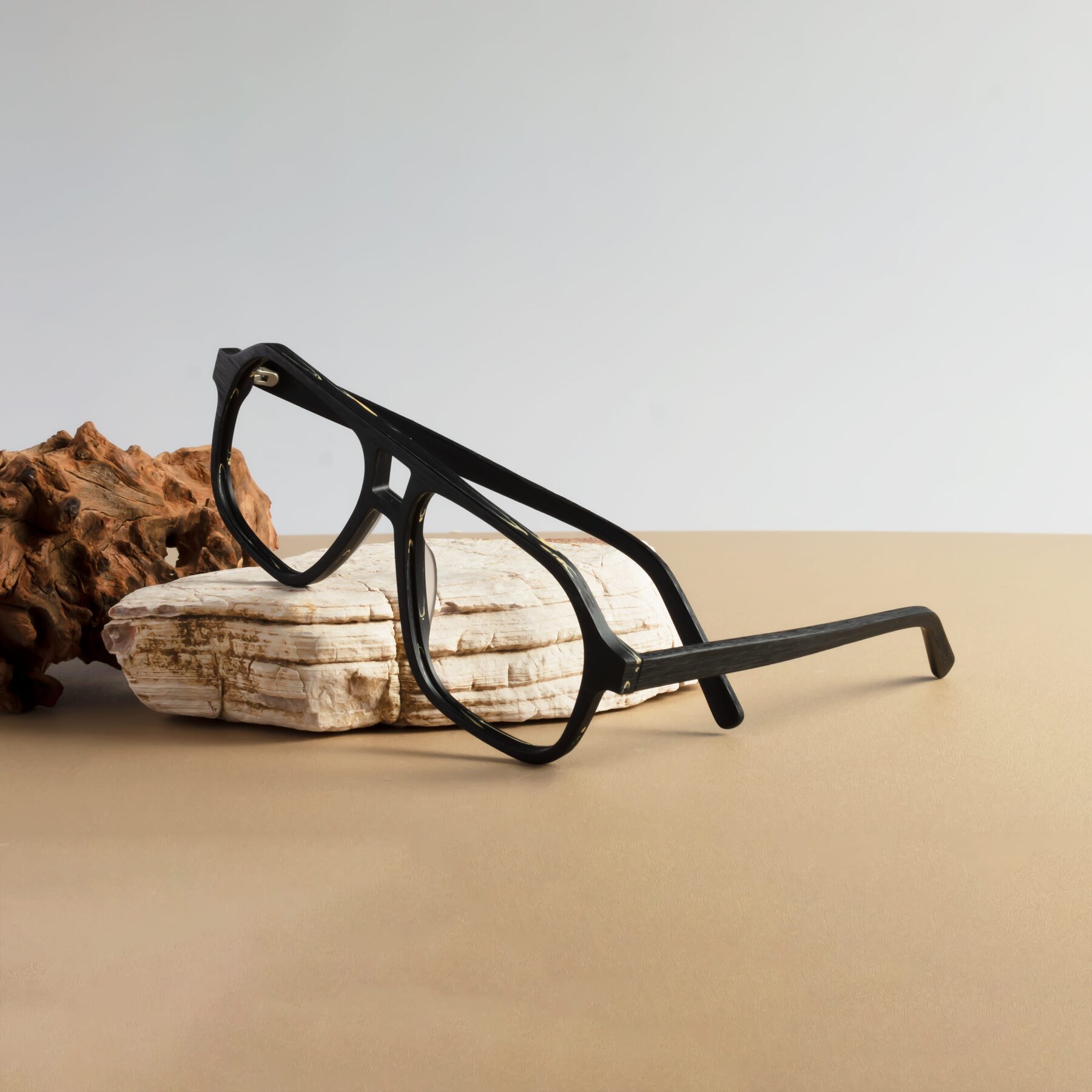 Lifestyle photography #2 of Edwood in Black Woodgrain with Clear Eyeglass Lenses