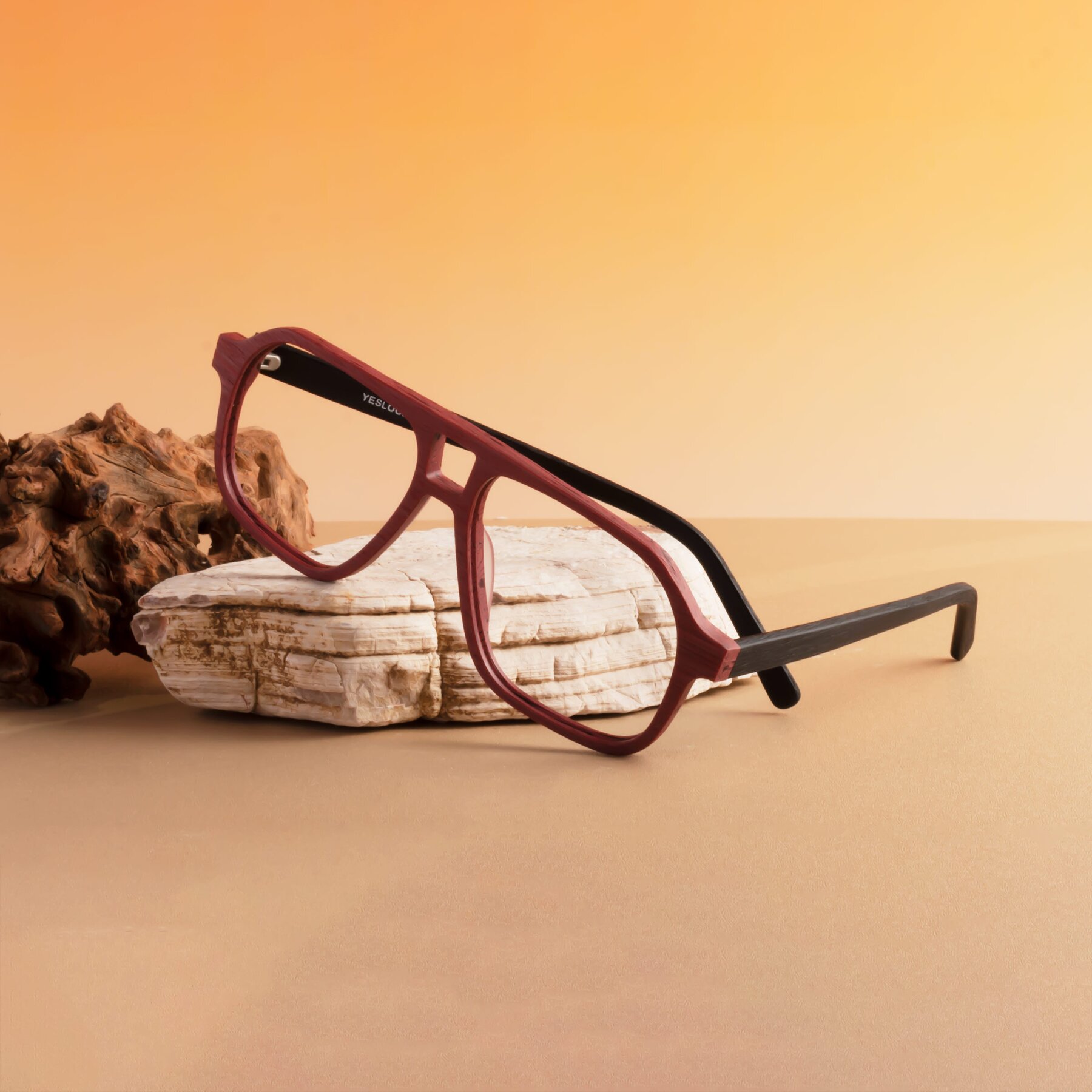 Lifestyle photography #2 of Edwood in Burgundy-Black Woodgrain with Clear Reading Eyeglass Lenses