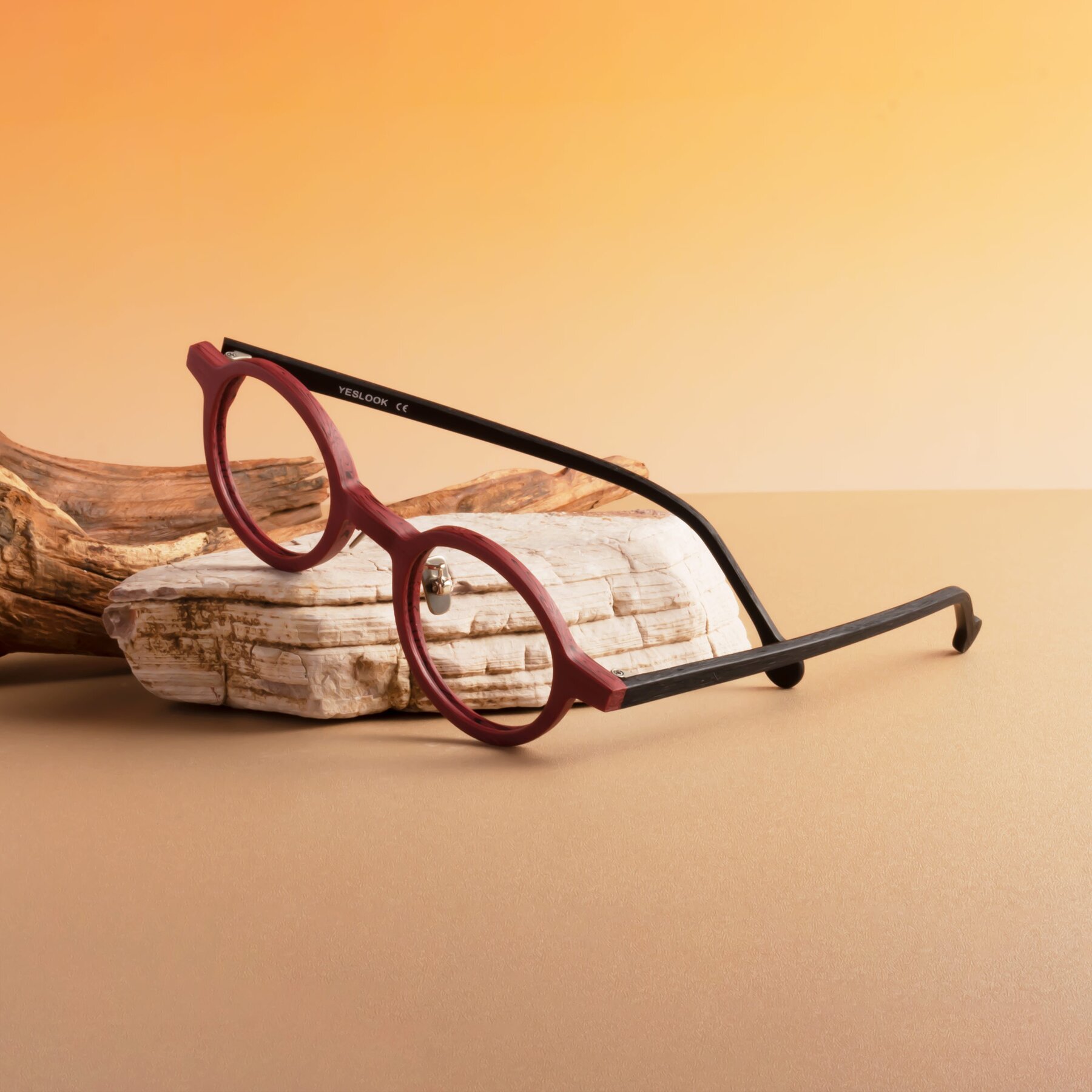 Lifestyle photography #2 of Timber in Burgundy-Black Woodgrain with Clear Eyeglass Lenses