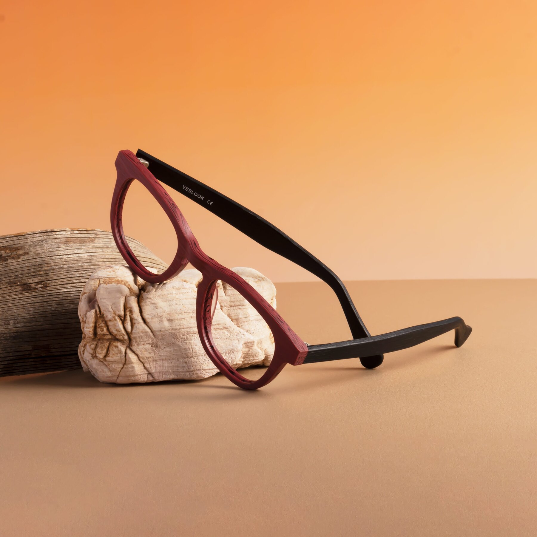 Lifestyle photography #2 of Tonia in Burgundy-Black Woodgrain with Clear Reading Eyeglass Lenses