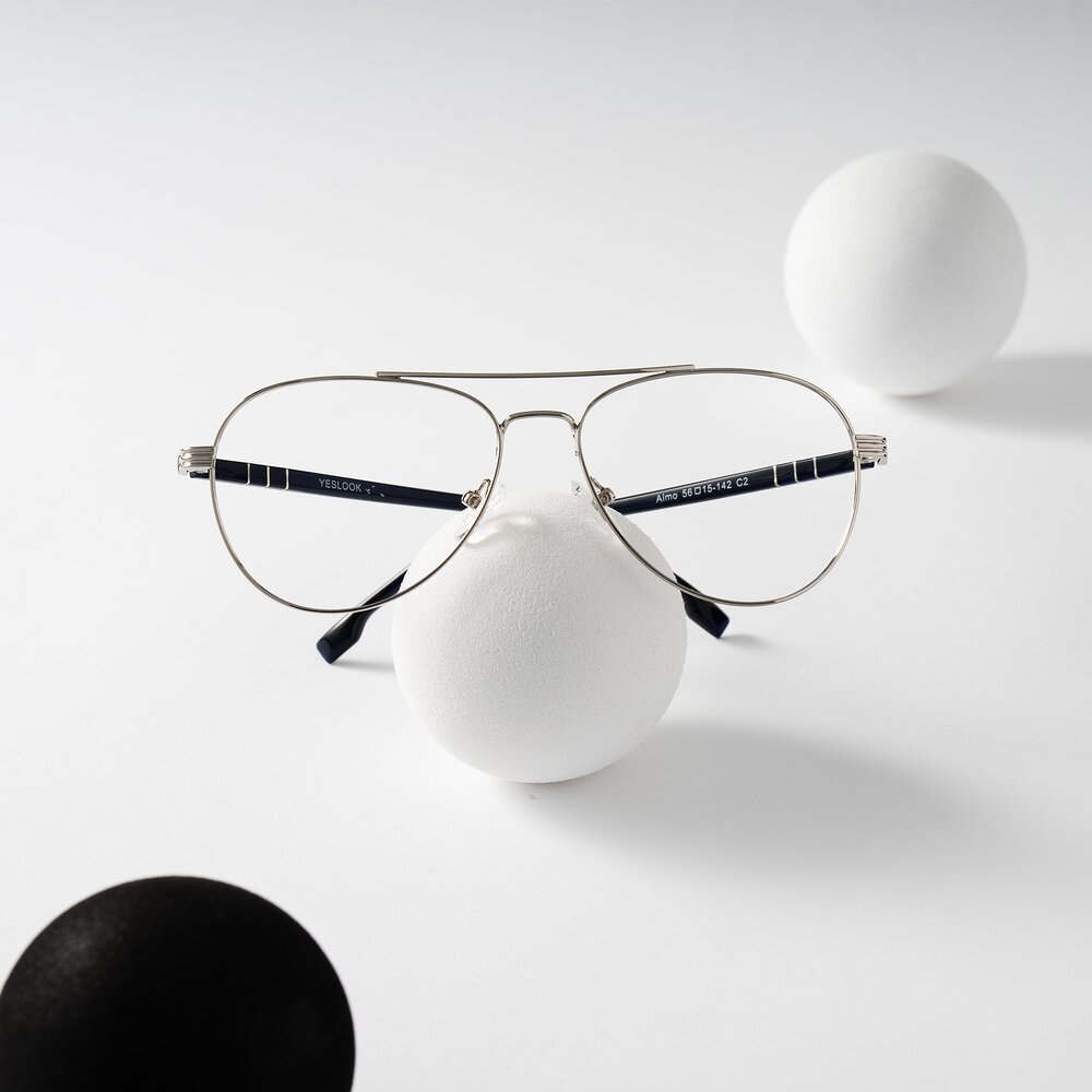 Silver/Dark Blue Double Bridge Metal Aviator Eyeglasses
