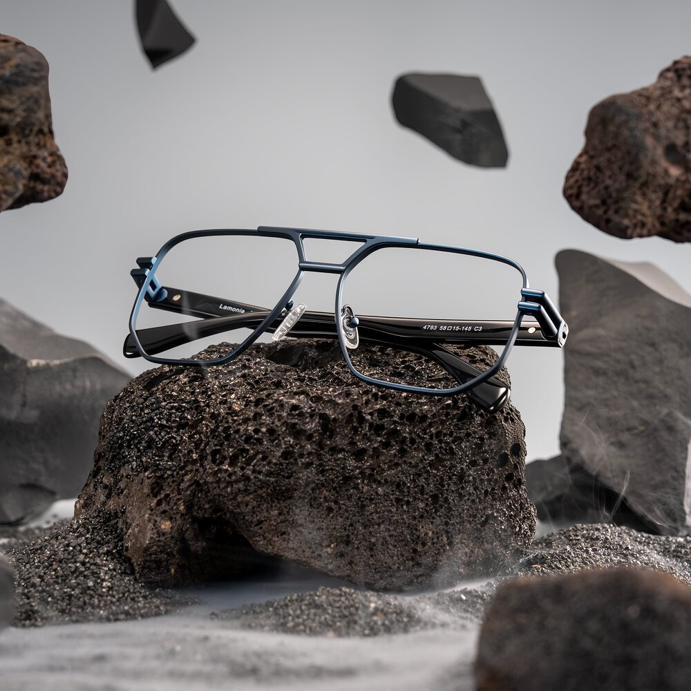 Matte Blue/Black Double Bridge Metal Square Eyeglasses