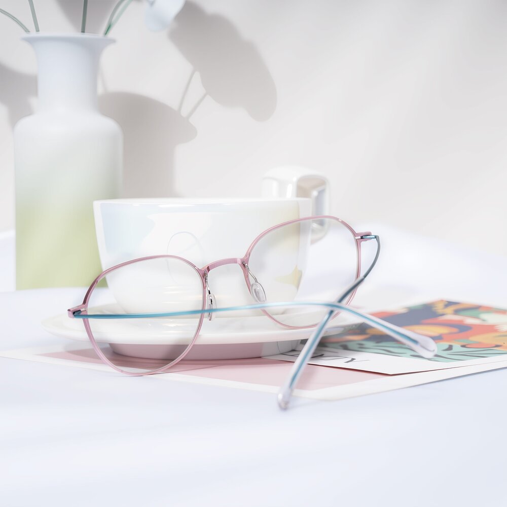 Pink/Blue Magnesium Alloy Round Geometric Eyeglasses