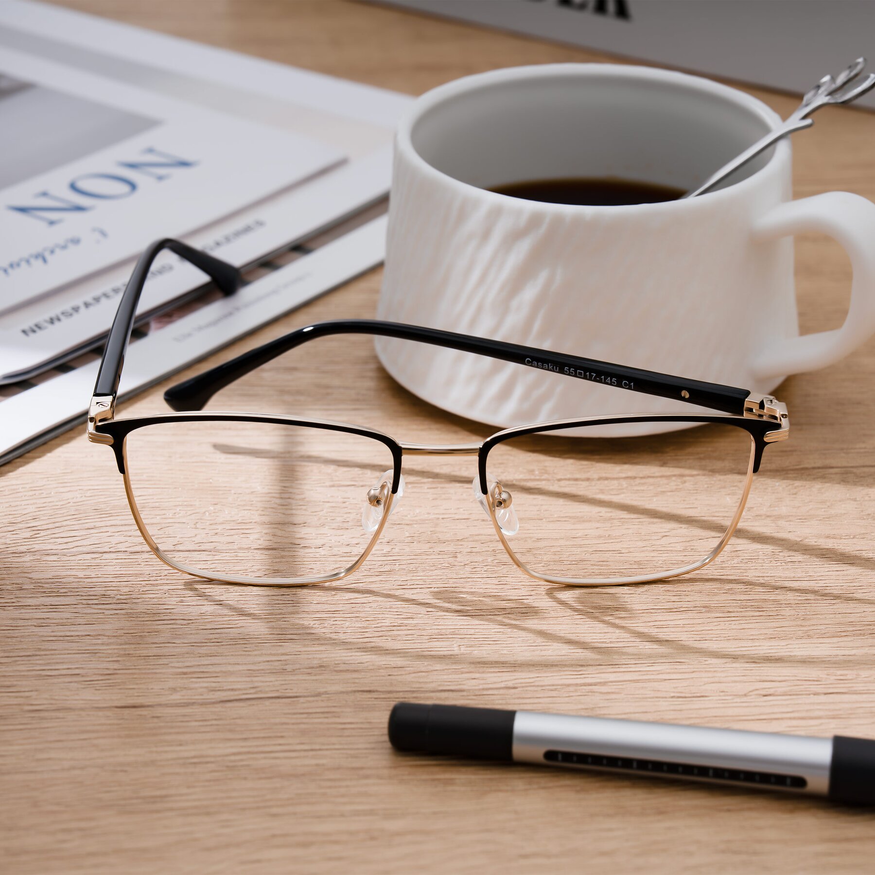 Men's lifestyle photography #2 of Casaku in Black/Gold with Clear Blue Light Blocking Lenses