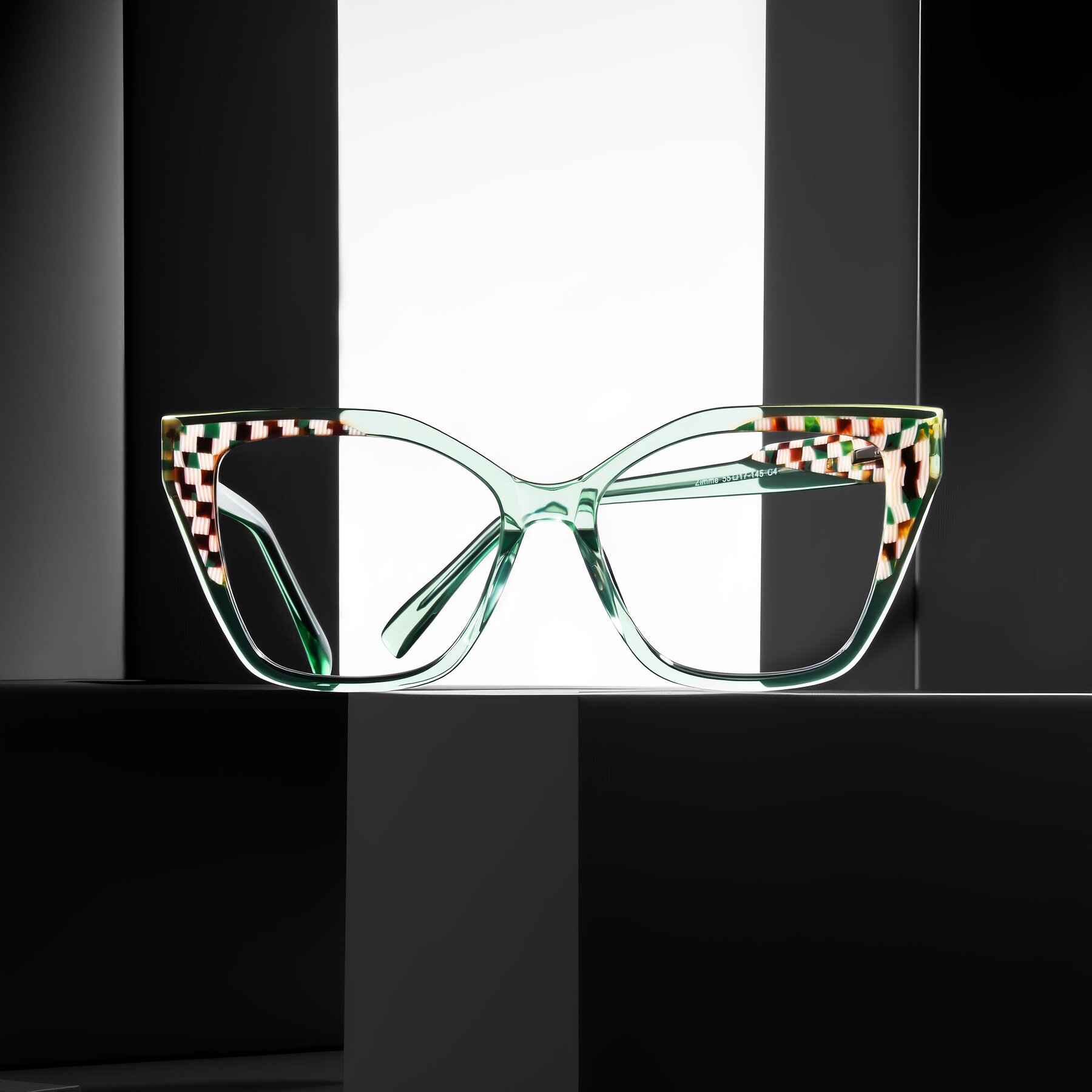Women's lifestyle photography #1 of Zimme in Mint Mod with Clear Eyeglass Lenses