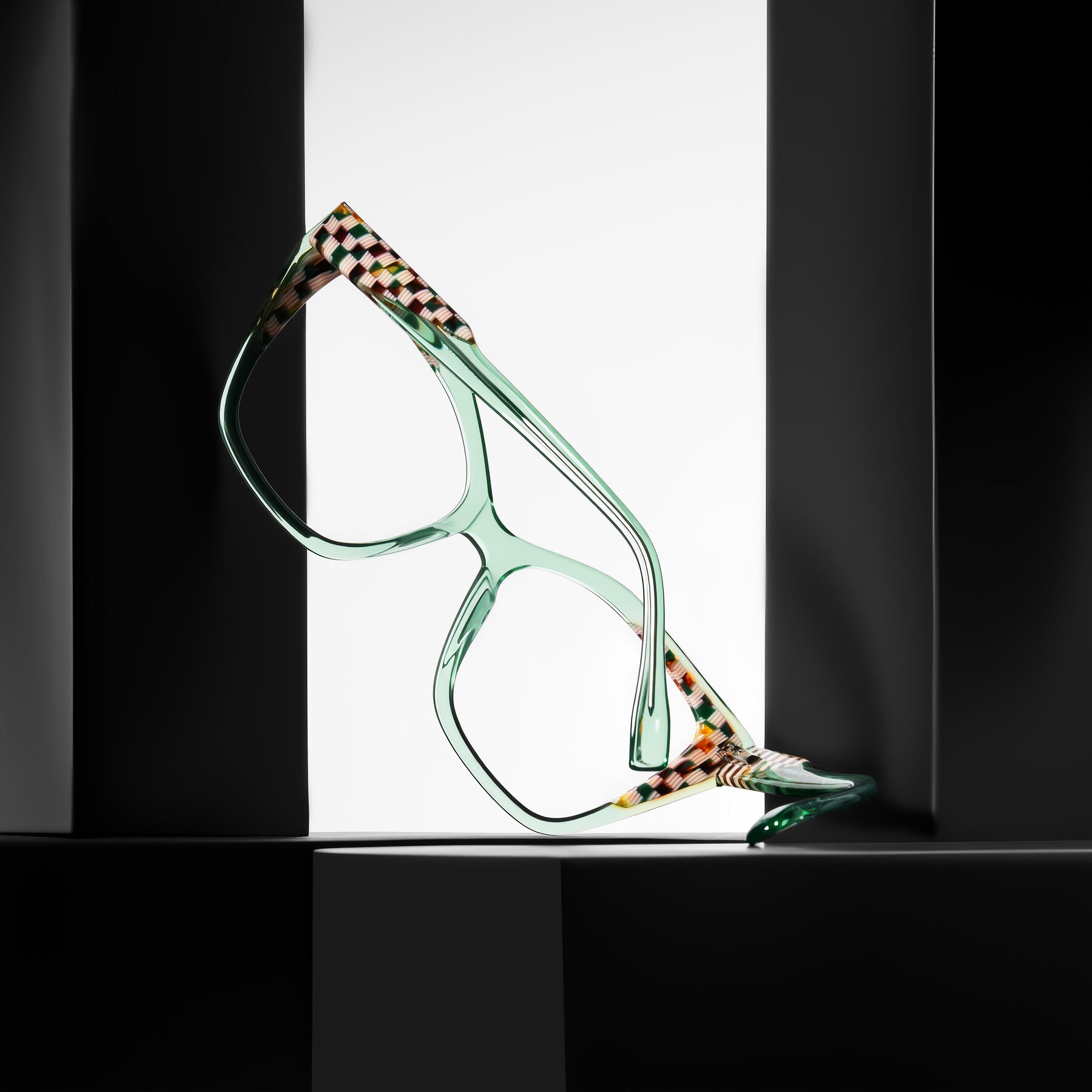 Women's lifestyle photography #2 of Zimme in Mint Mod with Clear Eyeglass Lenses