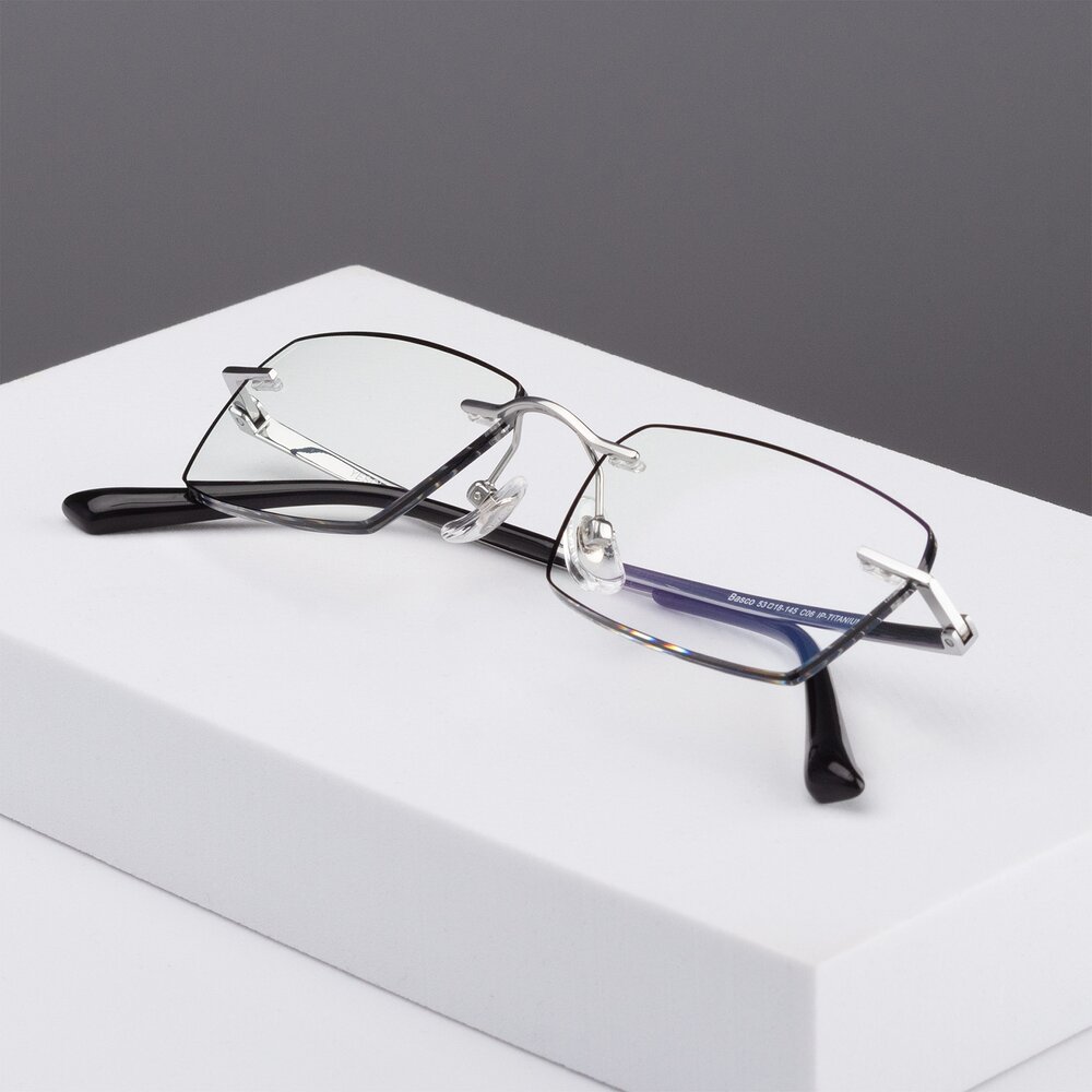 Silver-Black Titanium Rectangle Color-Edged Rimless Eyeglasses - Basco