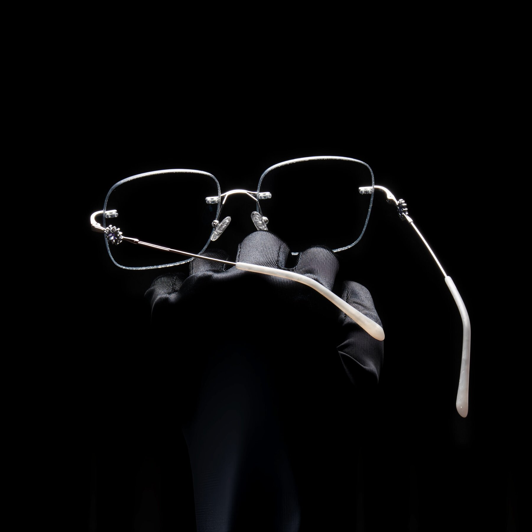 Women's lifestyle photography #2 of Viveca in Silver Glitter/Silver with Clear Blue Light Blocking Lenses