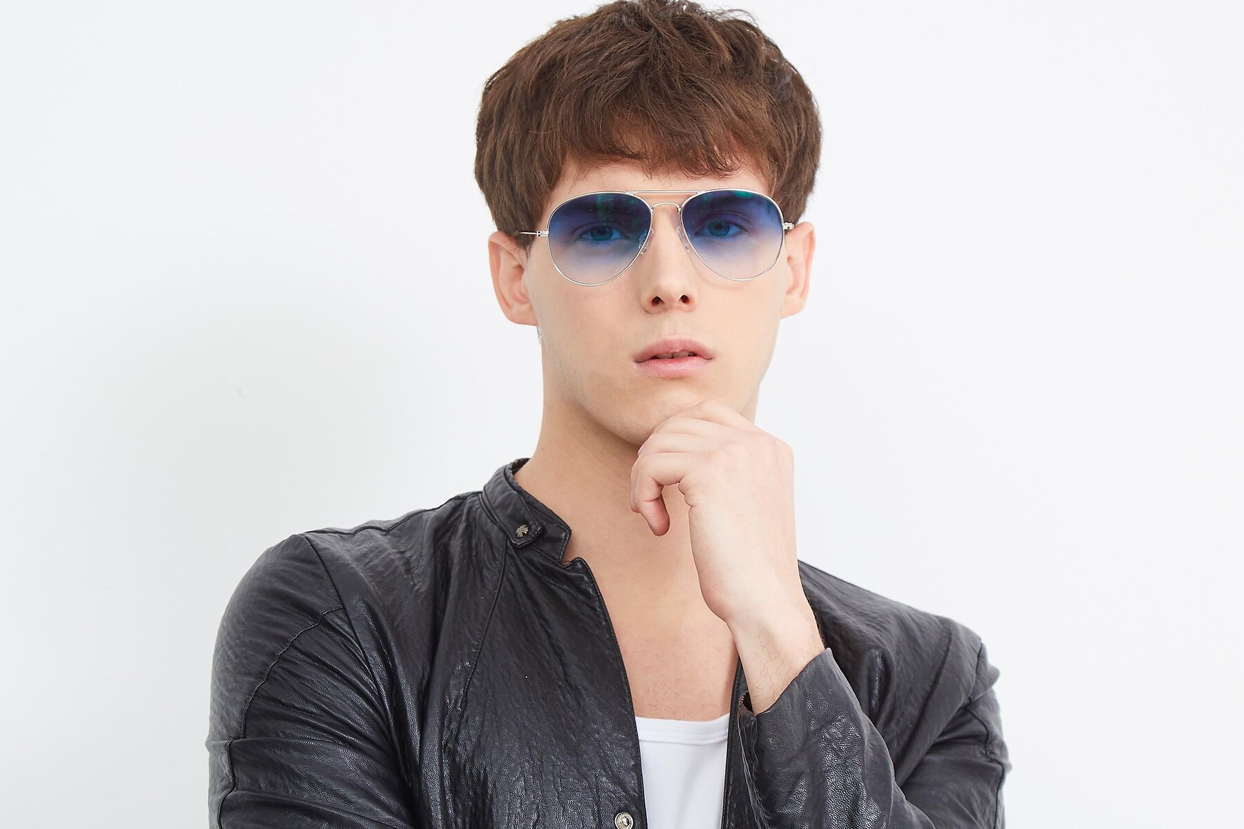 Men's lifestyle photography (landscape-1) of Yesterday in Silver with Blue Gradient Lenses