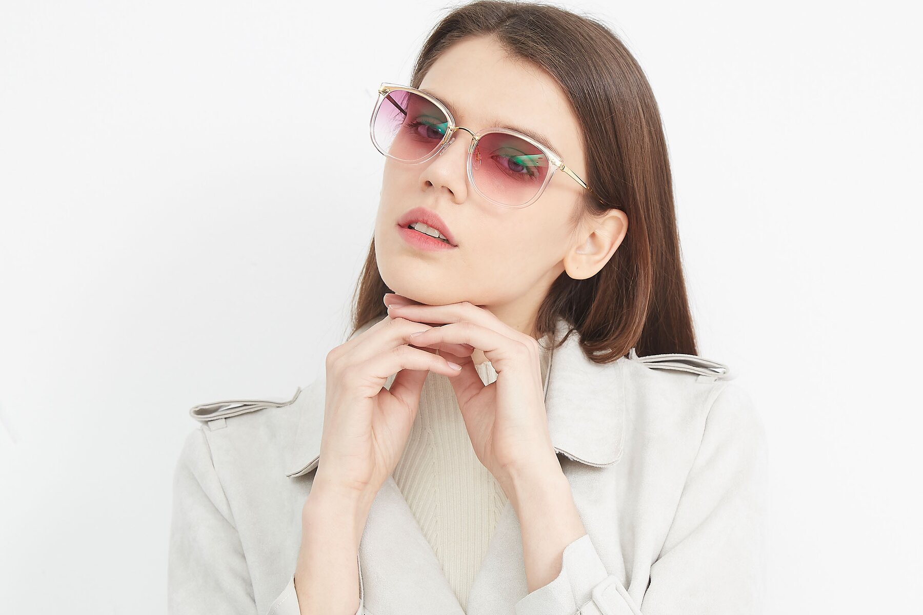 Women's lifestyle photography (landscape-1) of Timeless in Transparent Pink with Purple Gradient Lenses