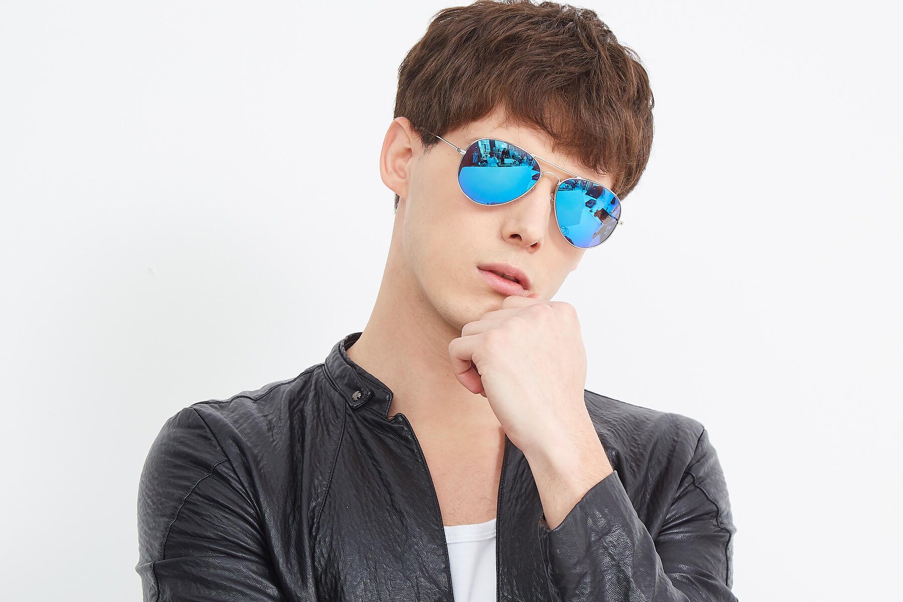 Men's lifestyle photography (landscape-1) of Yesterday in Silver with Blue Mirrored Lenses