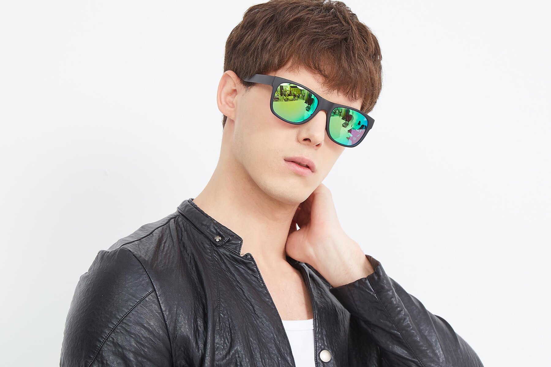 Men's lifestyle photography (landscape-1) of SSR213 in Matte Black with Green Mirrored Lenses