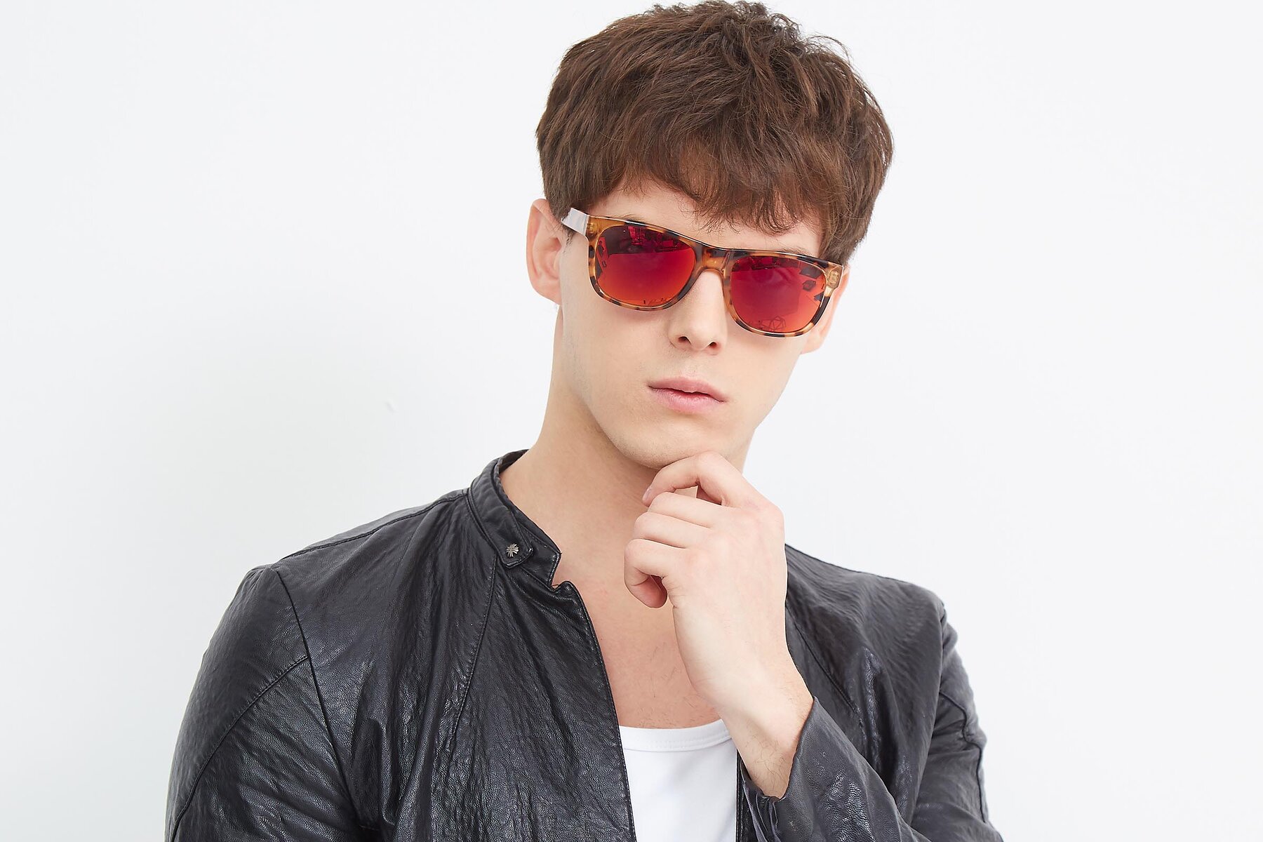 Men's lifestyle photography (landscape-1) of SSR213 in Translucent Tortoise with Red Gold Mirrored Lenses
