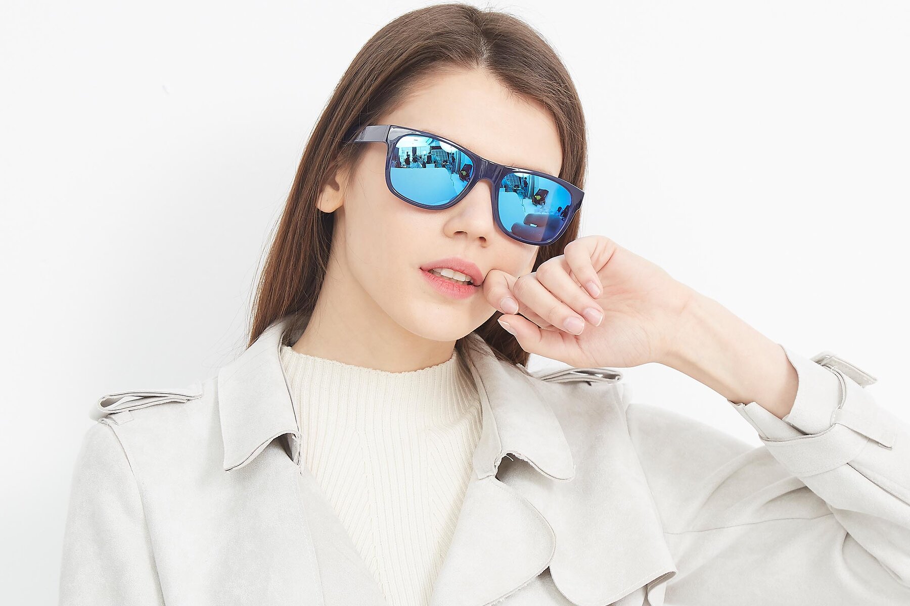 Women's lifestyle photography (landscape-1) of SSR213 in Blue with Blue Mirrored Lenses