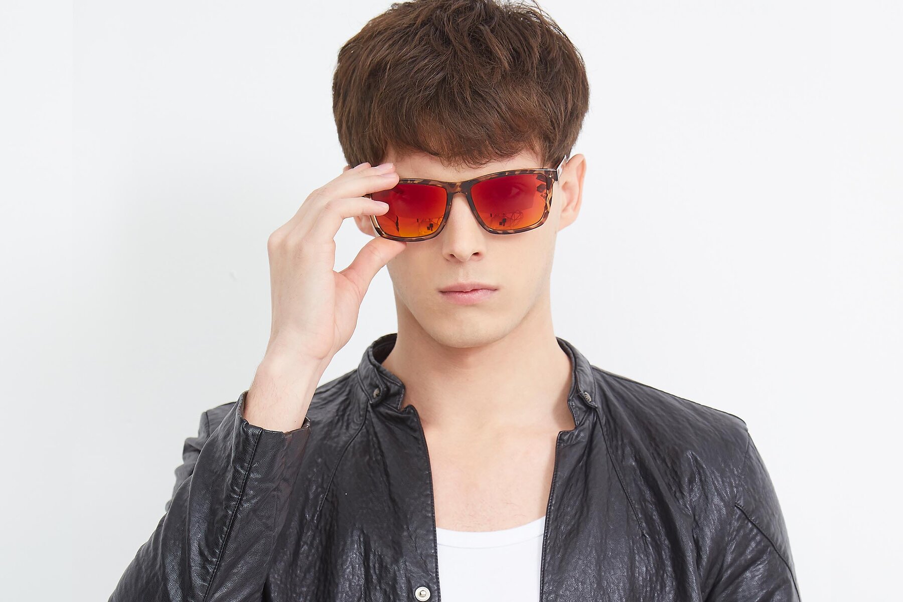 Men's lifestyle photography (landscape-1) of Sheldon in Black with Red Gold Mirrored Lenses