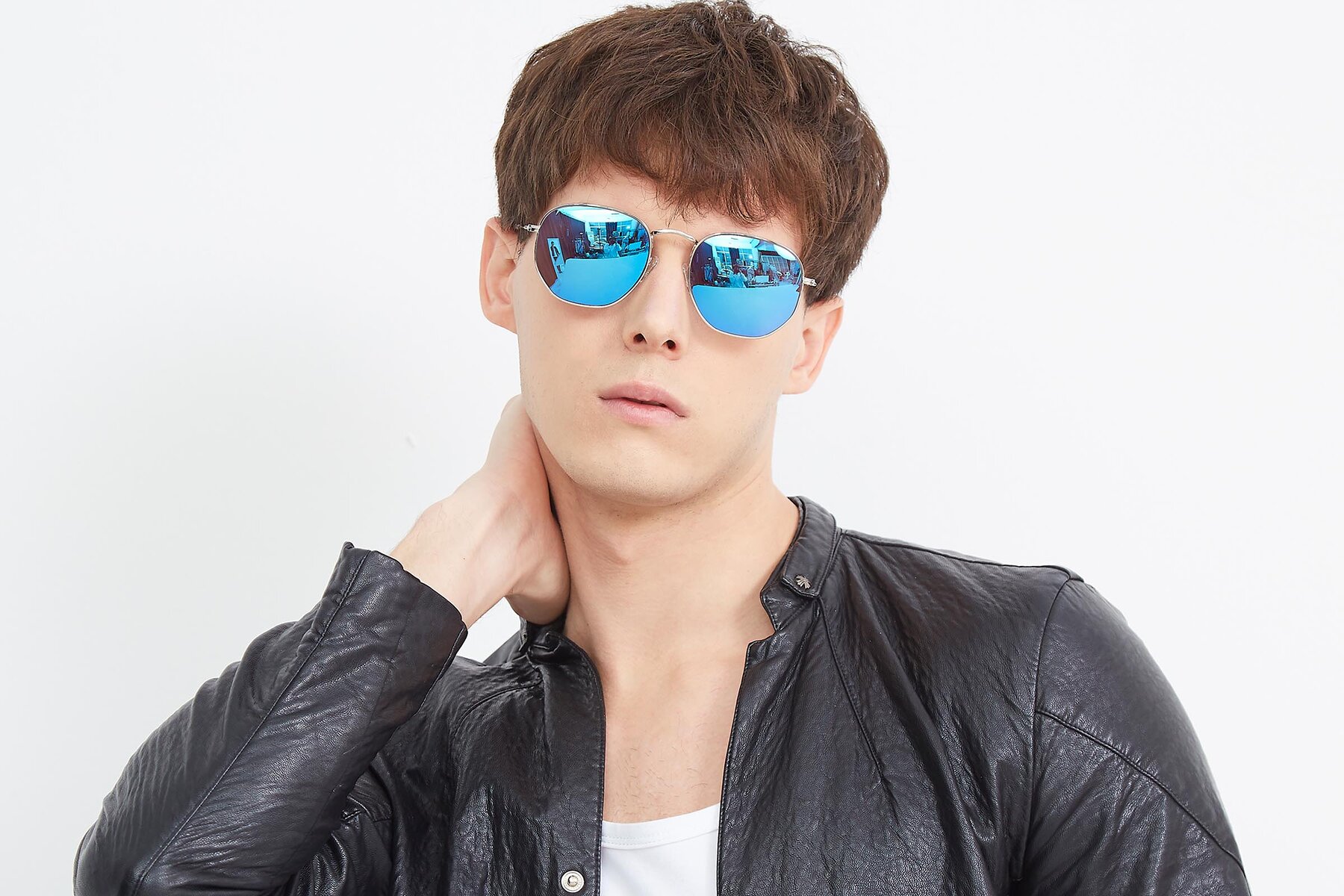 Men's lifestyle photography (landscape-1) of SSR1944 in Silver with Blue Mirrored Lenses