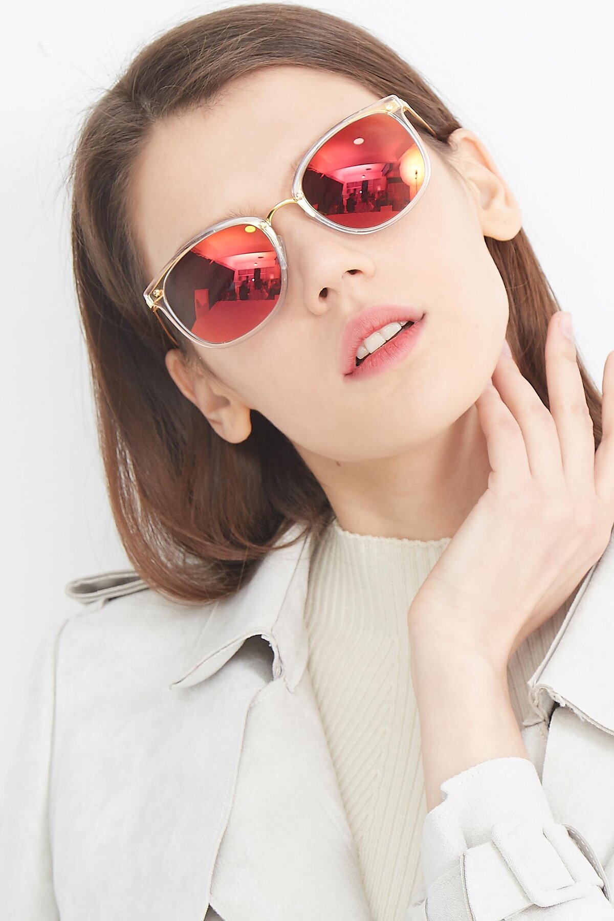 Women's lifestyle photography (portrait-1) of Timeless in Transparent Pink with Red Gold Mirrored Lenses