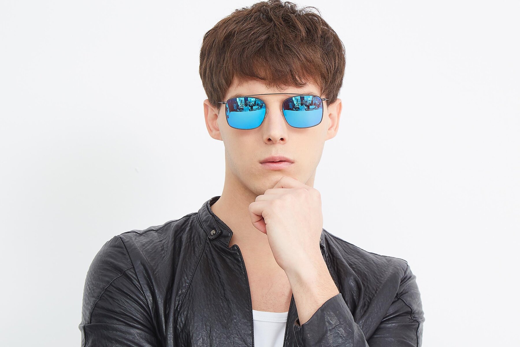 Men's lifestyle photography (landscape-1) of The Librarian in Gunmetal with Blue Mirrored Lenses