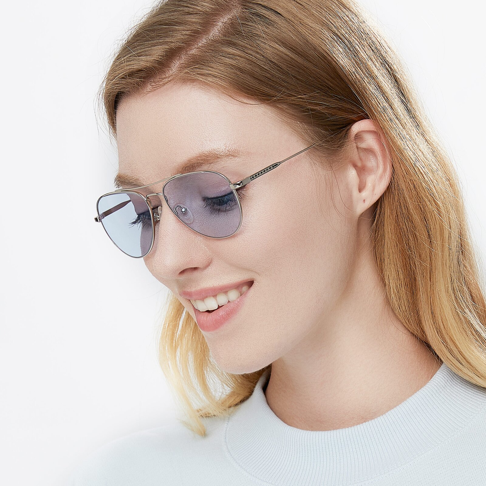 Silver Lightweight Metal Aviator Tinted Sunglasses with Light Blue ...