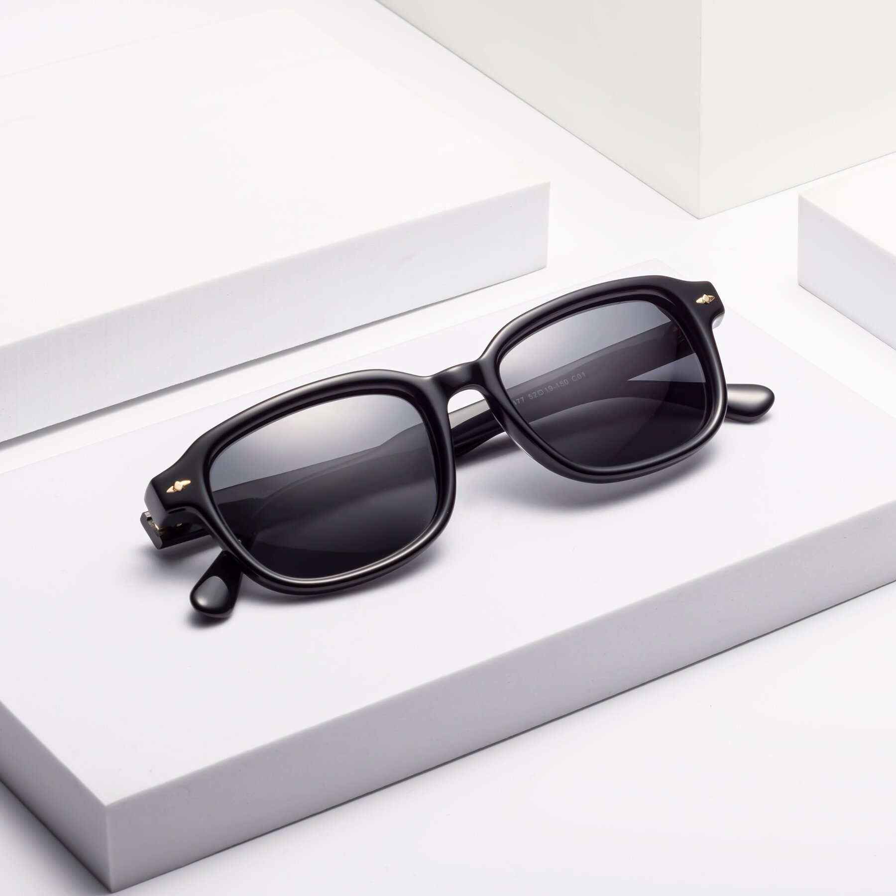 Black Classic Acetate Rectangle Polarized Sunglasses with Gray Non-Rx ...